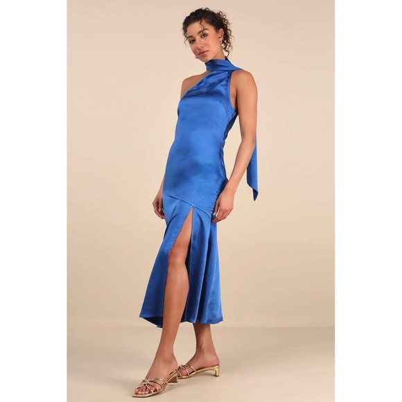 Lulus Dresses & Skirts - Lulus Reglan Blue Satin One-Shoulder Sash Midi Dress Size XS